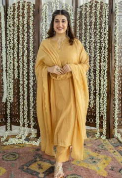 Jalsa Golden Chanderi Silk Jhabba Kali Kurta Set (Set of 3)