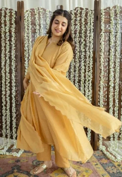 Jalsa Golden Chanderi Silk Jhabba Kali Kurta Set (Set of 3)