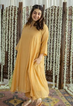 Jalsa Golden Chanderi Silk Jhabba Kali Kurta Set (Set of 3)