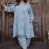Jazmin Sky Blue Hand Block Print Slub Cotton Anti-Fit Kurta with Hand Embroidery
