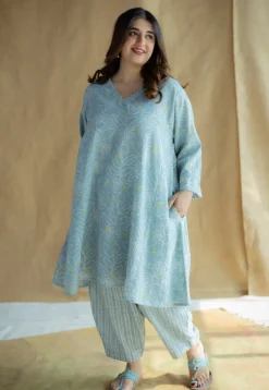 Jazmin Sky Blue Hand Block Print Slub Cotton Anti-Fit Kurta with Hand Embroidery