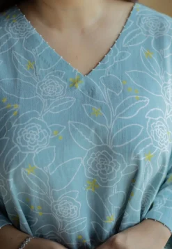 Jazmin Sky Blue Hand Block Print Slub Cotton Anti-Fit Kurta with Hand Embroidery