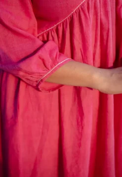 Jenifa Pink A Line Slub Cotton Dress with Embroidery