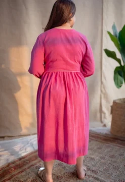 Jenifa Pink A Line Slub Cotton Dress with Embroidery