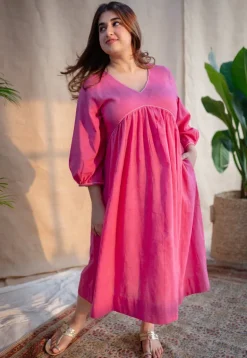 Jenifa Pink A Line Slub Cotton Dress with Embroidery