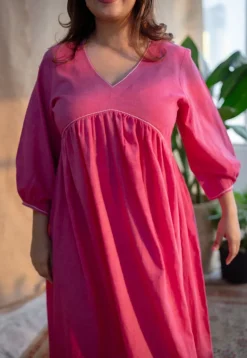 Jenifa Pink A Line Slub Cotton Dress with Embroidery