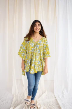 Jisha Sanganeri Yellow Cotton Short Top