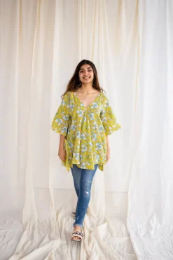Jisha Sanganeri Yellow Cotton Short Top