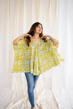 Jisha Sanganeri Yellow Cotton Short Top
