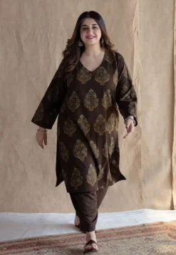 Juhi Brown Ajrakh Cotton Straight Kurta with Hand Embroidery