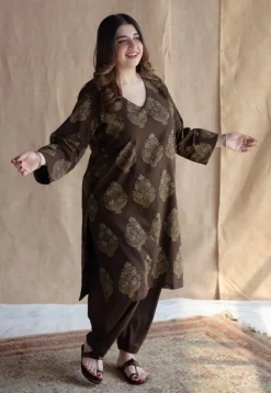 Juhi Brown Ajrakh Cotton Straight Kurta with Hand Embroidery