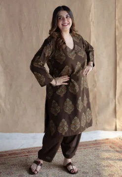 Juhi Brown Ajrakh Cotton Straight Kurta with Hand Embroidery