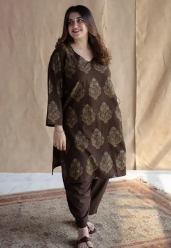 Juhi Brown Ajrakh Cotton Straight Kurta with Hand Embroidery