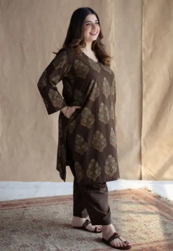 Juhi Brown Ajrakh Cotton Straight Kurta with Hand Embroidery