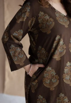 Juhi Brown Ajrakh Cotton Straight Kurta with Hand Embroidery