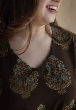Juhi Brown Ajrakh Cotton Straight Kurta with Hand Embroidery