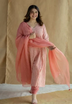 Jumana Coral Hand Block Print Slub Cotton Kali Kurta with Hand Embroidery