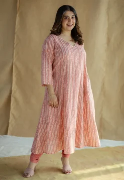 Jumana Coral Hand Block Print Slub Cotton Kali Kurta with Hand Embroidery
