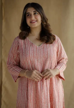 Jumana Coral Hand Block Print Slub Cotton Kali Kurta with Hand Embroidery