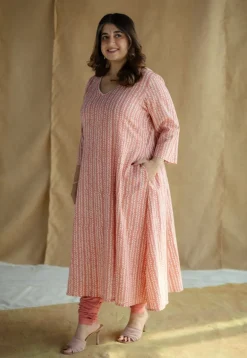 Jumana Coral Hand Block Print Slub Cotton Kali Kurta with Hand Embroidery