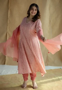Jumana Coral Hand Block Print Slub Cotton Kali Kurta with Hand Embroidery