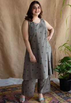 Kamal Grey Ajrakh Cotton A Line Kurta with Hand Embroidery