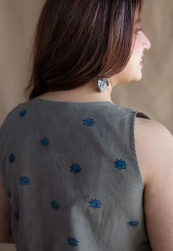 Kamal Grey Ajrakh Cotton A Line Kurta with Hand Embroidery