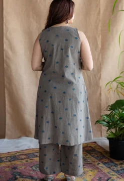 Kamal Grey Ajrakh Cotton A Line Kurta with Hand Embroidery
