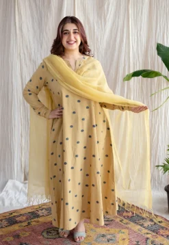 Kamal Yellow Ajrakh Cotton Kali Kurta with Hand Embroidery