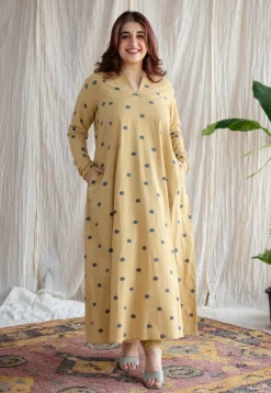 Kamal Yellow Ajrakh Cotton Kali Kurta with Hand Embroidery
