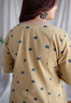 Kamal Yellow Ajrakh Cotton Kali Kurta with Hand Embroidery