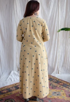 Kamal Yellow Ajrakh Cotton Kali Kurta with Hand Embroidery