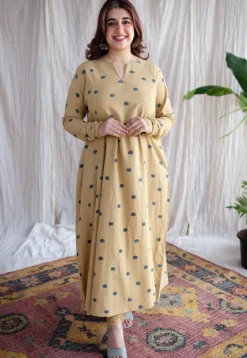 Kamal Yellow Ajrakh Cotton Kali Kurta with Hand Embroidery