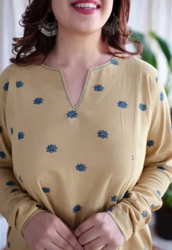 Kamal Yellow Ajrakh Cotton Kali Kurta with Hand Embroidery