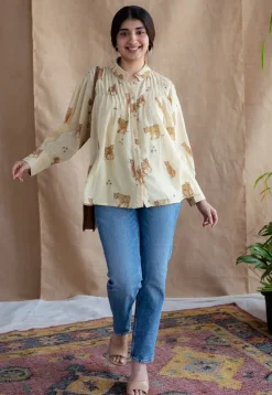 Kanha Bagh Ajrakh MulMul Light Yellow Cotton Top