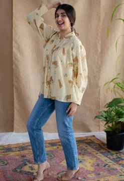 Kanha Bagh Ajrakh MulMul Light Yellow Cotton Top