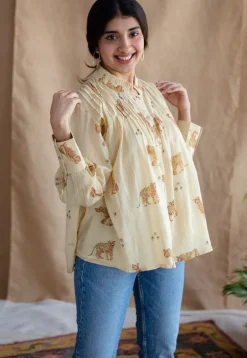 Kanha Bagh Ajrakh MulMul Light Yellow Cotton Top