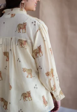 Kanha Bagh Ajrakh MulMul Light Yellow Cotton Top