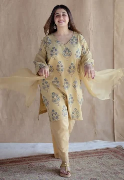 Kavya Yellow Ajrakh Cotton Straight Kurta with Hand Embroidery