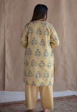 Kavya Yellow Ajrakh Cotton Straight Kurta with Hand Embroidery