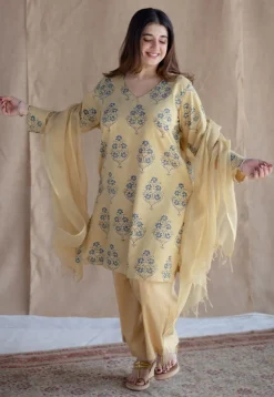 Kavya Yellow Ajrakh Cotton Straight Kurta with Hand Embroidery