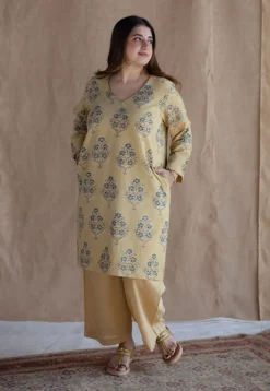 Kavya Yellow Ajrakh Cotton Straight Kurta with Hand Embroidery