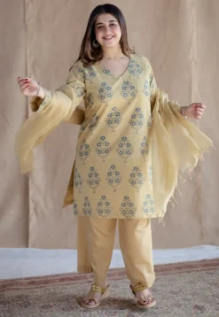 Kavya Yellow Ajrakh Cotton Straight Kurta with Hand Embroidery