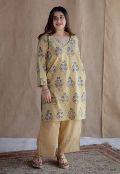 Kavya Yellow Ajrakh Cotton Straight Kurta with Hand Embroidery