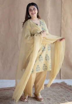 Kavya Yellow Ajrakh Cotton Straight Kurta with Hand Embroidery