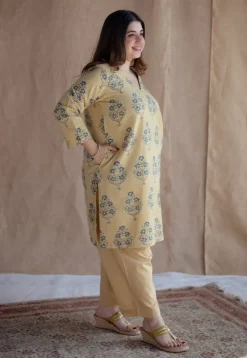 Kavya Yellow Ajrakh Cotton Straight Kurta with Hand Embroidery