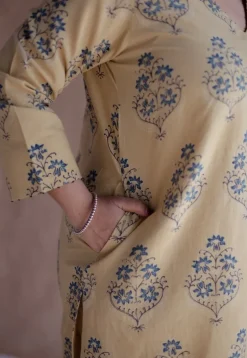Kavya Yellow Ajrakh Cotton Straight Kurta with Hand Embroidery