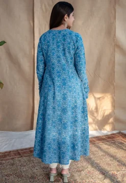 Kaya Blue Kali Dabu Slub Cotton Kurta with Hand Embroidery