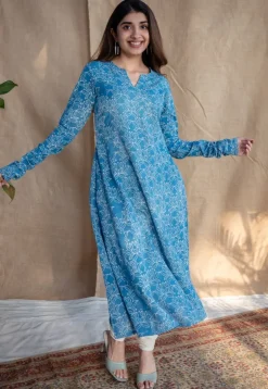 Kaya Blue Kali Dabu Slub Cotton Kurta with Hand Embroidery