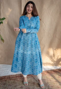 Kaya Blue Kali Dabu Slub Cotton Kurta with Hand Embroidery